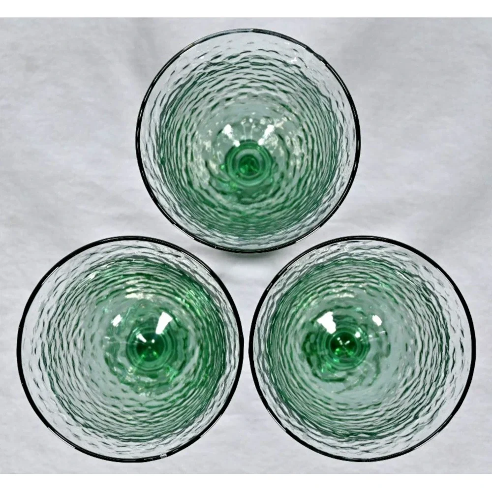 Set of 3 Green Hammered Glass Goblets Water Wine Glasses 7